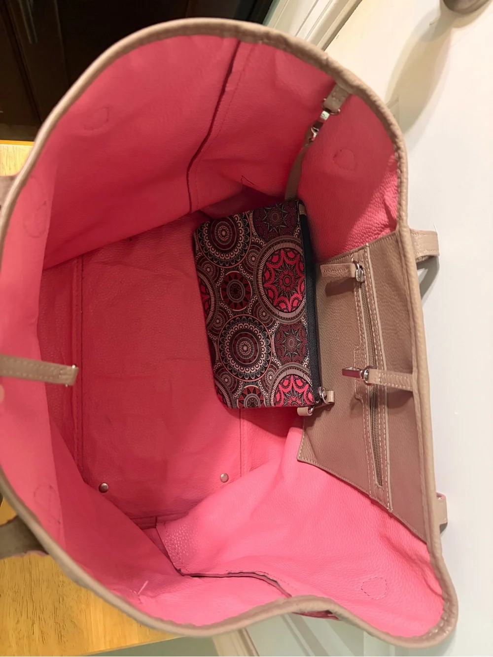 Lodis Taupe Leather Tote with Pink Trim and Matching Wristlet